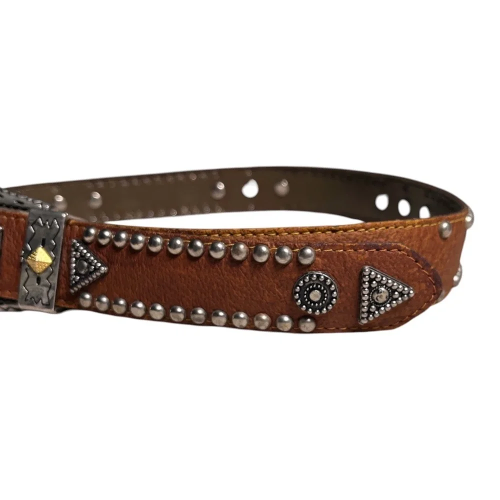 Jana Studded Embellished Brown Leather Belt Size XS Silvertone Western Rodeo